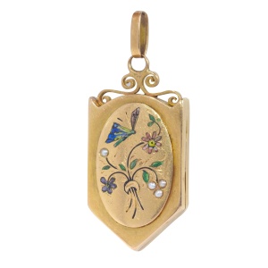 Antique 18K French gold locket with enamel work butterfly on flowers